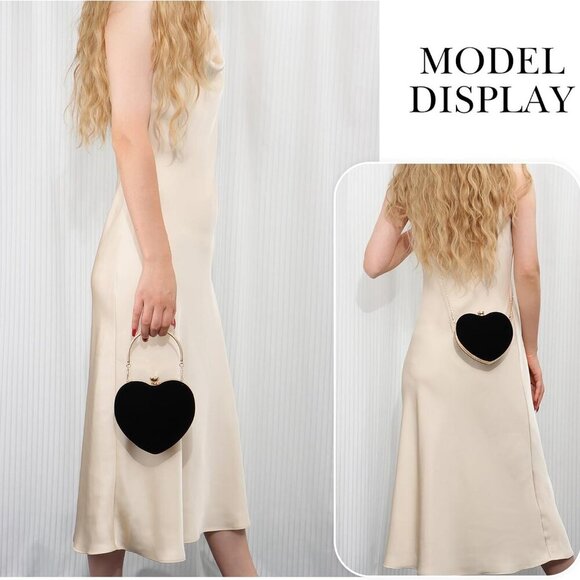 Women Heart Shaped Evening Bag Suede Mini Clutch Crossbody with Chain - Picture 5 of 6